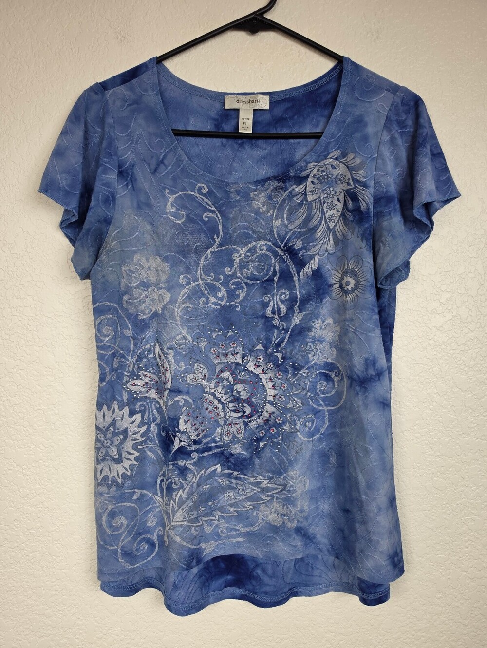 dressbarn Petite PS Blue Floral Patterned Short Sleeve Top Y2K